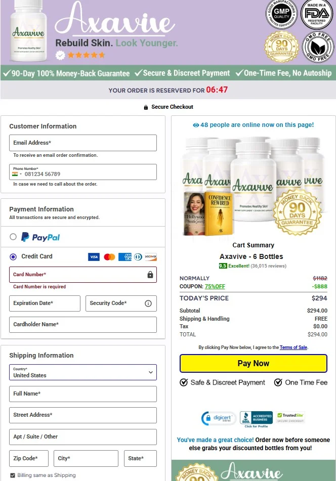 Axavive checkout page screenshot